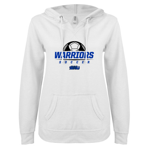  ENZA Womens White V Notch Raw Edge Fleece Hoodie - Soccer Half Ball