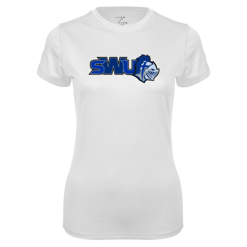  Womens White Performance Tee - SWU w/ Knight