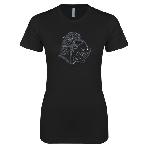  Next Level Womens Black Boyfriend Tee - Warrior Helmet Graphite Soft Glitter