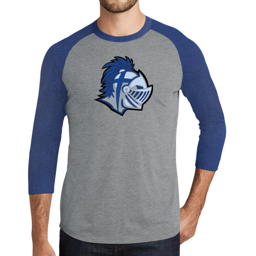  Grey/Royal Heather Triblend Baseball Raglan Tee - Warrior Helmet