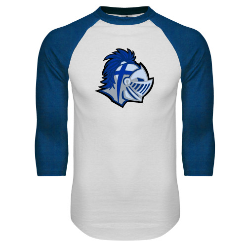  White/Royal Raglan Baseball T Shirt - Warrior Helmet