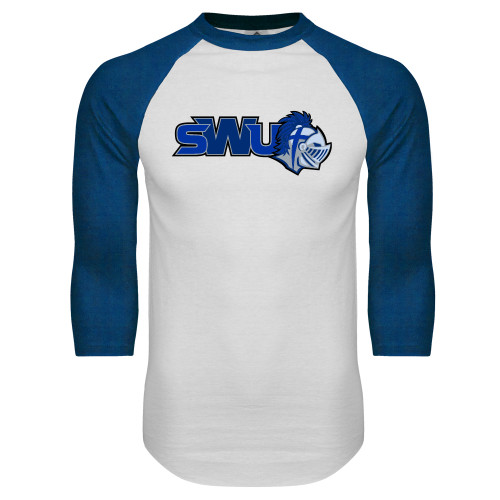  White/Royal Raglan Baseball T Shirt - SWU w/ Knight