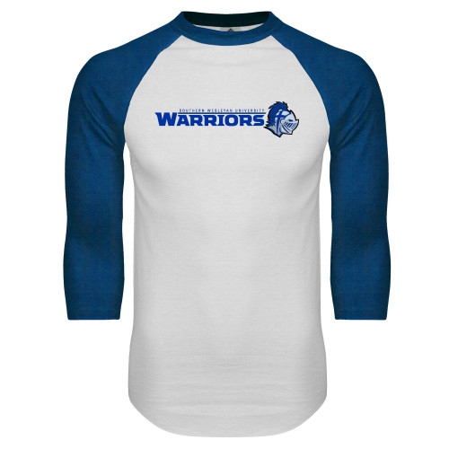  White/Royal Raglan Baseball T Shirt - Warriors w/ Knight