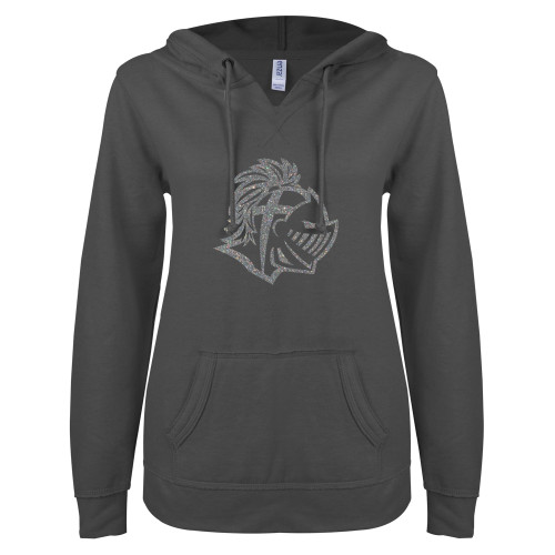  ENZA Womens Dark Heather V Notch Raw Edge Fleece Hoodie - Warrior Helmet Silver Soft Glitter
