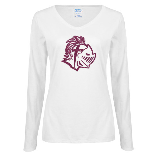  Womens White Long Sleeve V Neck Tee - Warrior Helmet Pink Glitter
