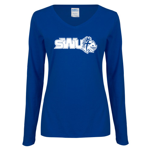 Womens Royal Long Sleeve V Neck Tee  - SWU w/ Knight
