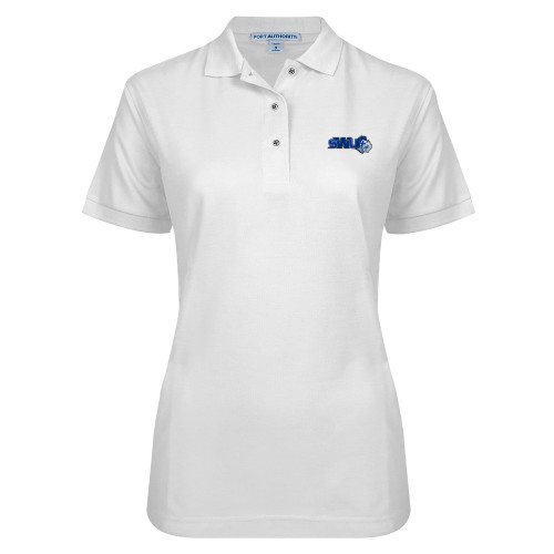  Womens Silk Touch White Pique Polo - SWU w/ Knight