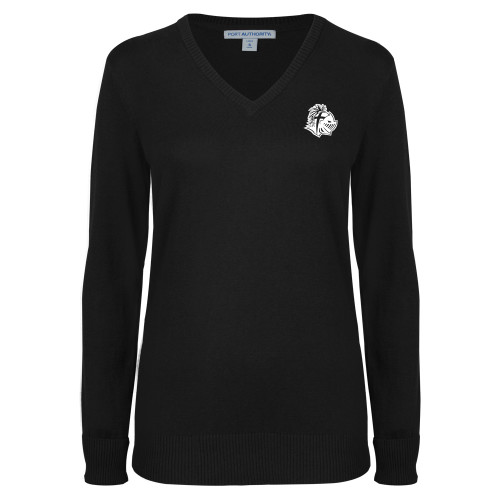  Womens Black VNeck Sweater - Warrior Helmet