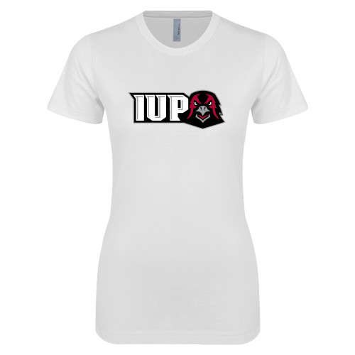  Next Level Womens White Boyfriend Tee - IUP Hawk Head