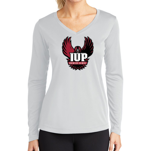  Womens White Performance Long Sleeve V Neck Shirt - IUP Hawk Wings