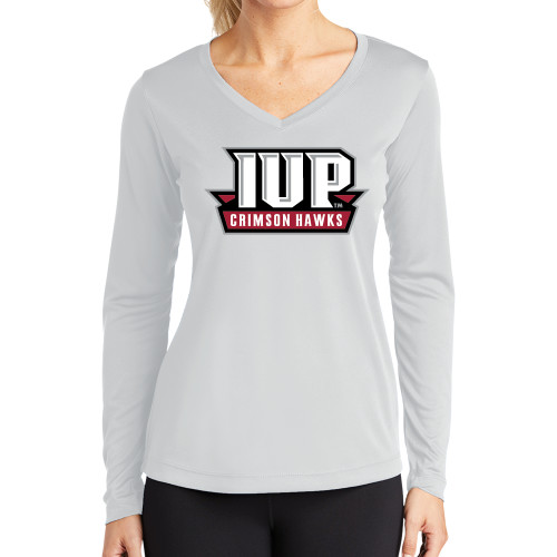  Womens White Performance Long Sleeve V Neck Shirt - IUP Hawks Banner