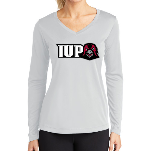  Womens White Performance Long Sleeve V Neck Shirt - IUP Hawk Head