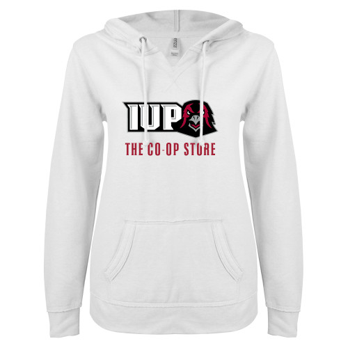  ENZA Womens White V Notch Raw Edge Fleece Hoodie - The CO-OP Store