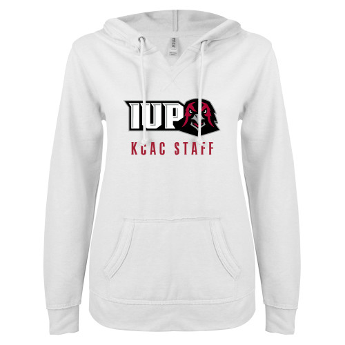  ENZA Womens White V Notch Raw Edge Fleece Hoodie - KCAC Staff