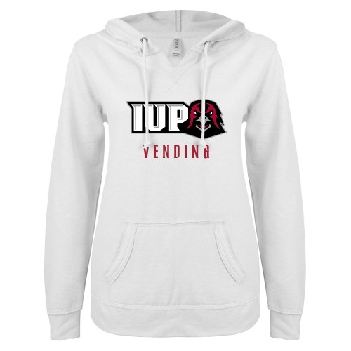  ENZA Womens White V Notch Raw Edge Fleece Hoodie - Vending