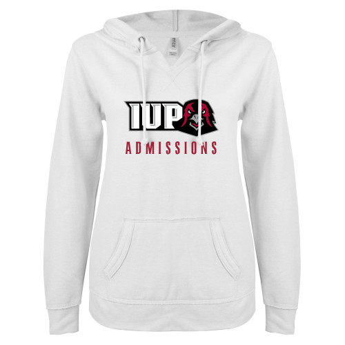  ENZA Womens White V Notch Raw Edge Fleece Hoodie - Admissions