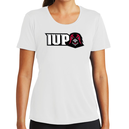  Womens White Performance Tee - IUP Hawk Head