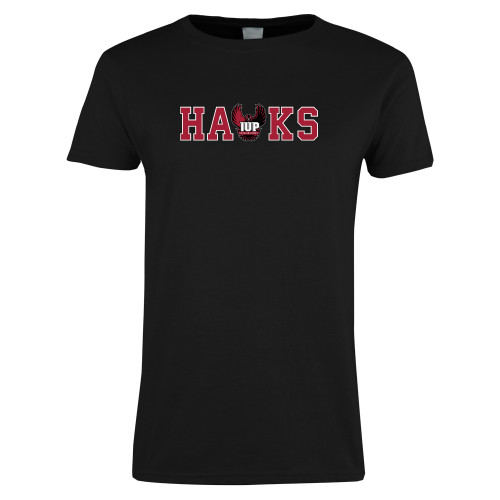  Womens Black Short Sleeve Tee - Hawks w Wings Mark