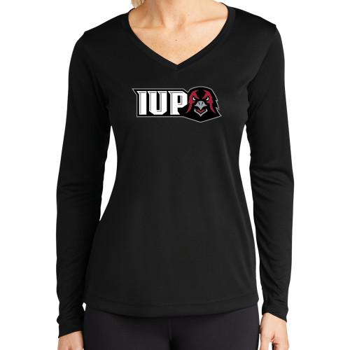  Womens Black Performance Long Sleeve V Neck Shirt - IUP Hawk Head