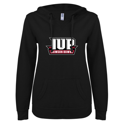  ENZA Womens Black V Notch Raw Edge Fleece Hoodie - IUP Hawks Banner