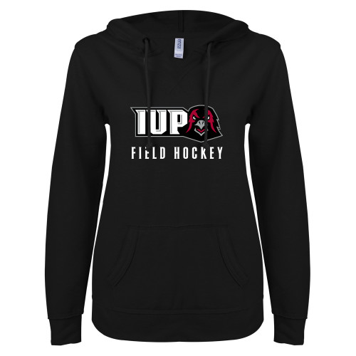  ENZA Womens Black V Notch Raw Edge Fleece Hoodie - Field Hockey
