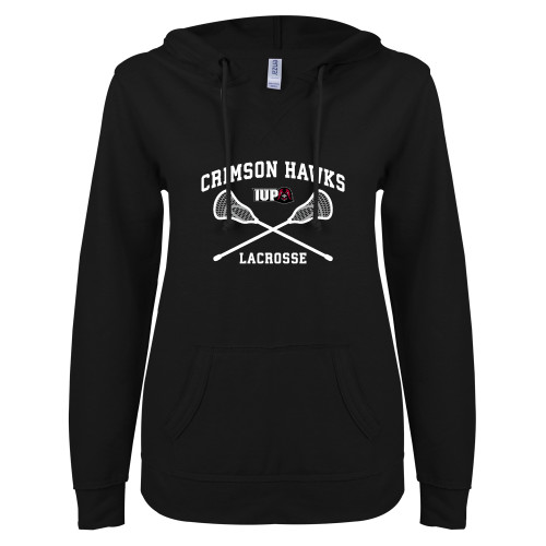  ENZA Womens Black V Notch Raw Edge Fleece Hoodie - Lacrosse Crossed Sticks