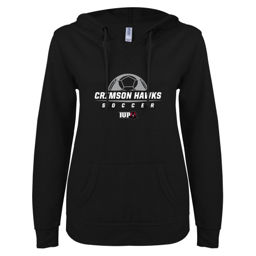  ENZA Womens Black V Notch Raw Edge Fleece Hoodie - Soccer
