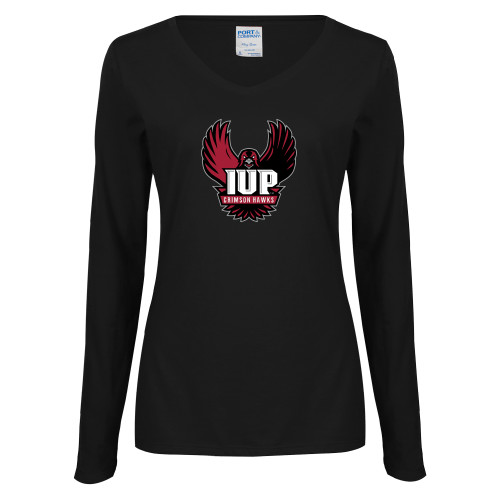  Womens Black Long Sleeve V Neck Tee  - IUP Hawk Wings