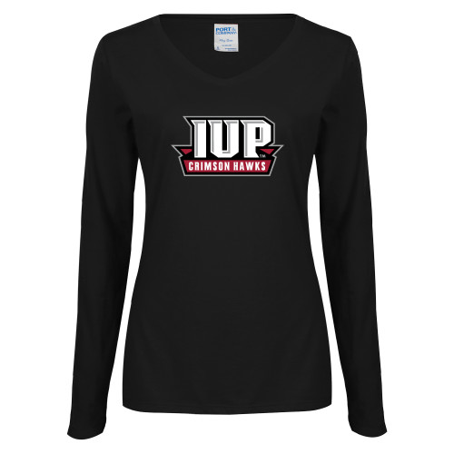  Womens Black Long Sleeve V Neck Tee  - IUP Hawks Banner