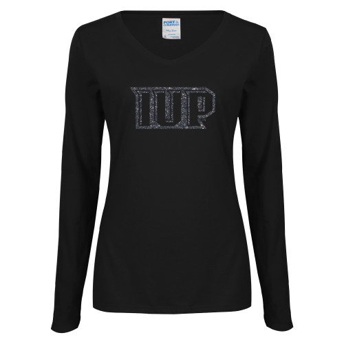  Womens Black Long Sleeve V Neck Tee  - F Graphite Soft Glitter