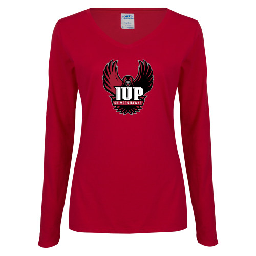  Womens Cardinal Long Sleeve V Neck Tee  - IUP Hawk Wings