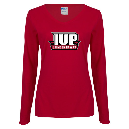  Womens Cardinal Long Sleeve V Neck Tee  - IUP Hawks Banner