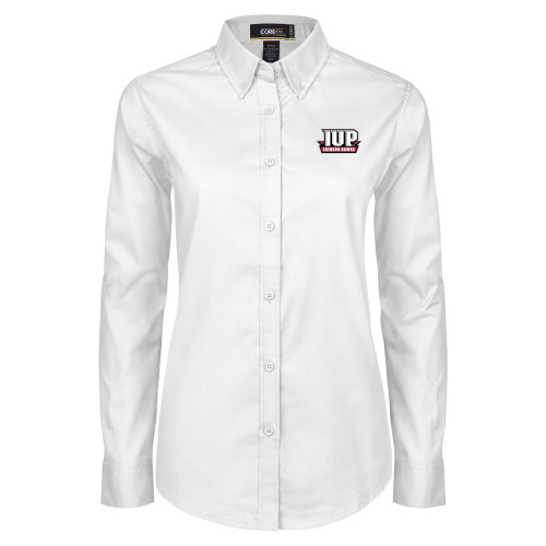  Womens White Twill Button Down Long Sleeve - IUP Hawks Banner
