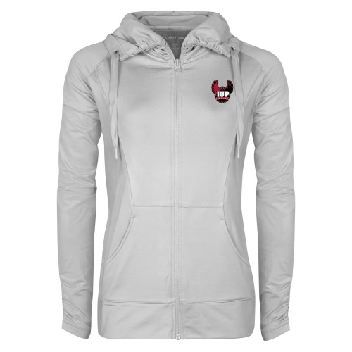  Womens White Sport Wick Stretch Full Zip Jacket - IUP Hawk Wings