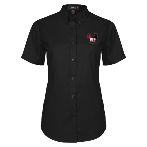  Womens Black Twill Button Up Short Sleeve - IUP Hawk Wings