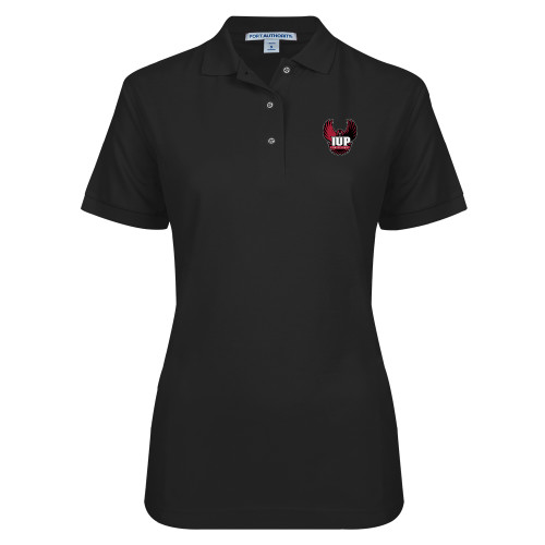  Womens Silk Touch Black Pique Polo - IUP Hawk Wings