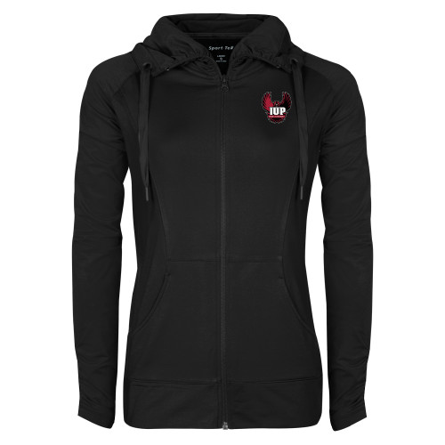  Womens Black Sport Wick Stretch Full Zip Jacket - IUP Hawk Wings