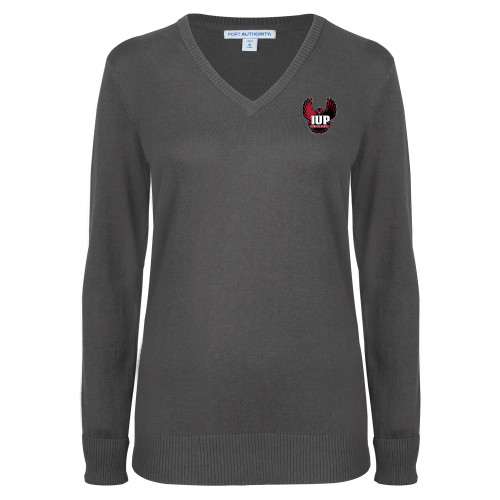  Womens Charcoal Heather VNeck Sweater - IUP Hawk Wings