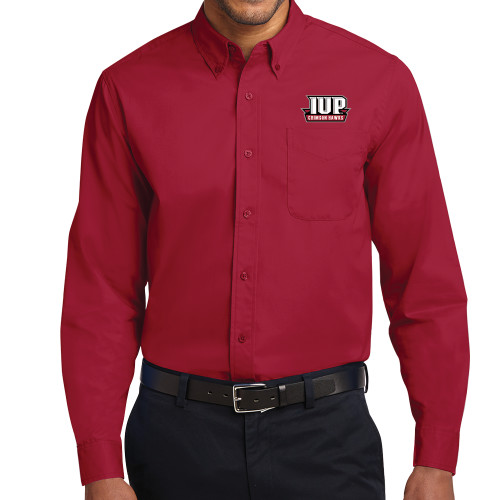  Twill Button Down Long Sleeve Cardinal - IUP Hawks Banner