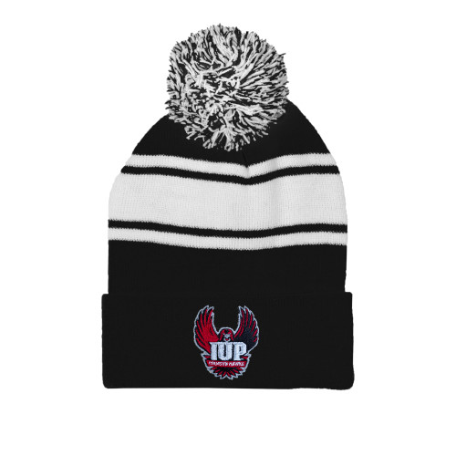  Black/White Two Tone Knit Pom Beanie w/Cuff - IUP Hawk Wings