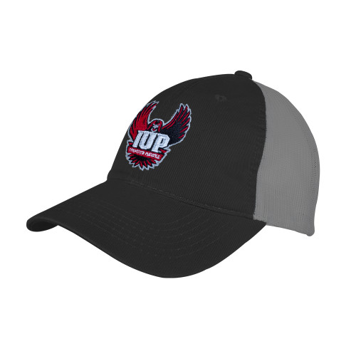  Black/Charcoal Mesh Back Unstructured Low Profile Hat - IUP Hawk Wings