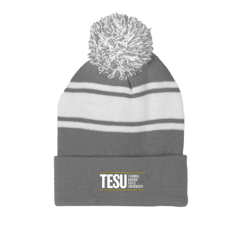  Grey/White Two Tone Knit Pom Beanie w/Cuff - Thomas Edison State University