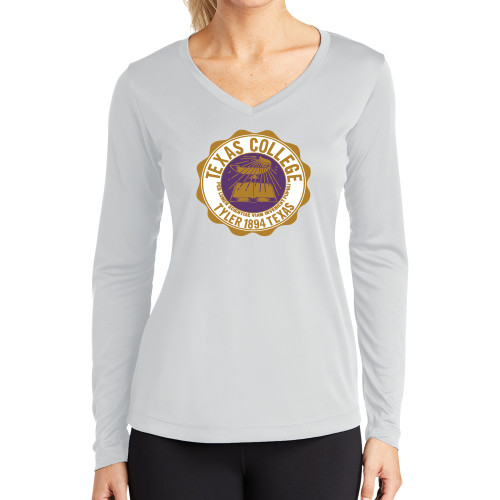  Womens White Performance Long Sleeve V Neck Shirt - Seal
