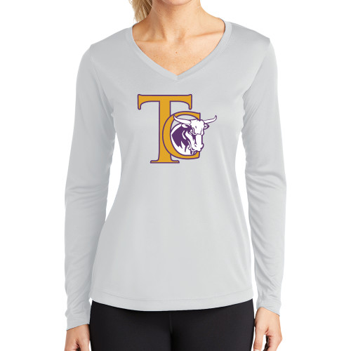  Womens White Performance Long Sleeve V Neck Shirt - TC