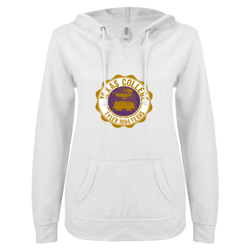  ENZA Womens White V Notch Raw Edge Fleece Hoodie - Seal