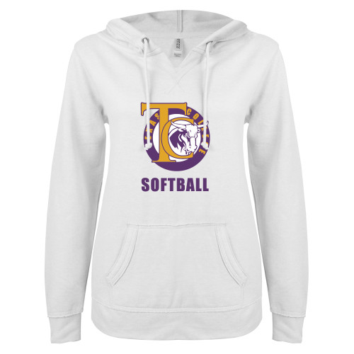  ENZA Womens White V Notch Raw Edge Fleece Hoodie - TC Softball