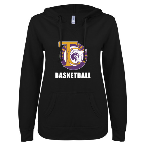  ENZA Womens Black V Notch Raw Edge Fleece Hoodie - TC Basketball