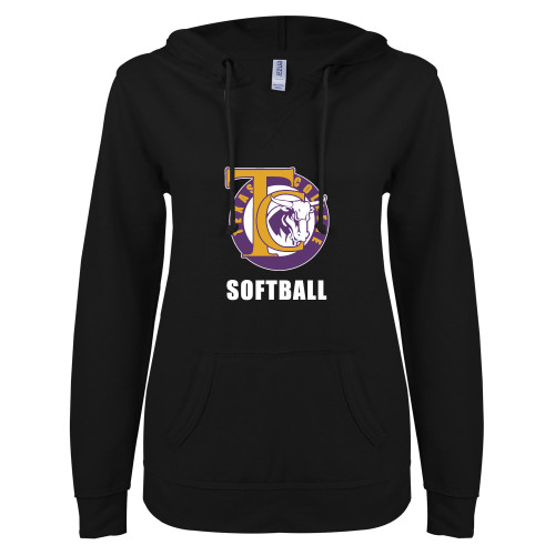  ENZA Womens Black V Notch Raw Edge Fleece Hoodie - TC Softball