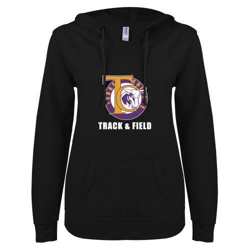  ENZA Womens Black V Notch Raw Edge Fleece Hoodie - TC Track and Field