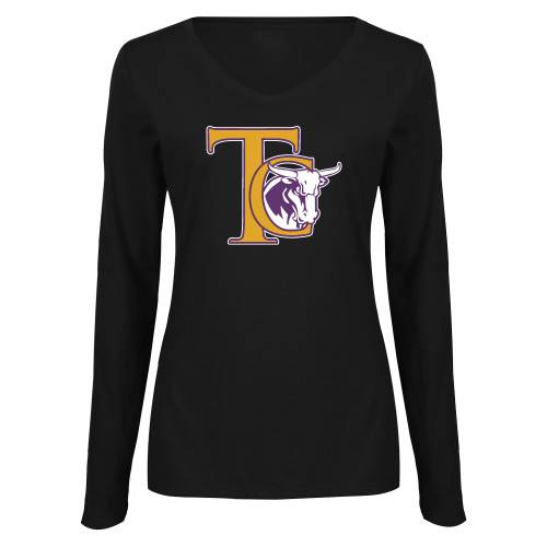  Womens Black Long Sleeve V Neck Tee  - TC